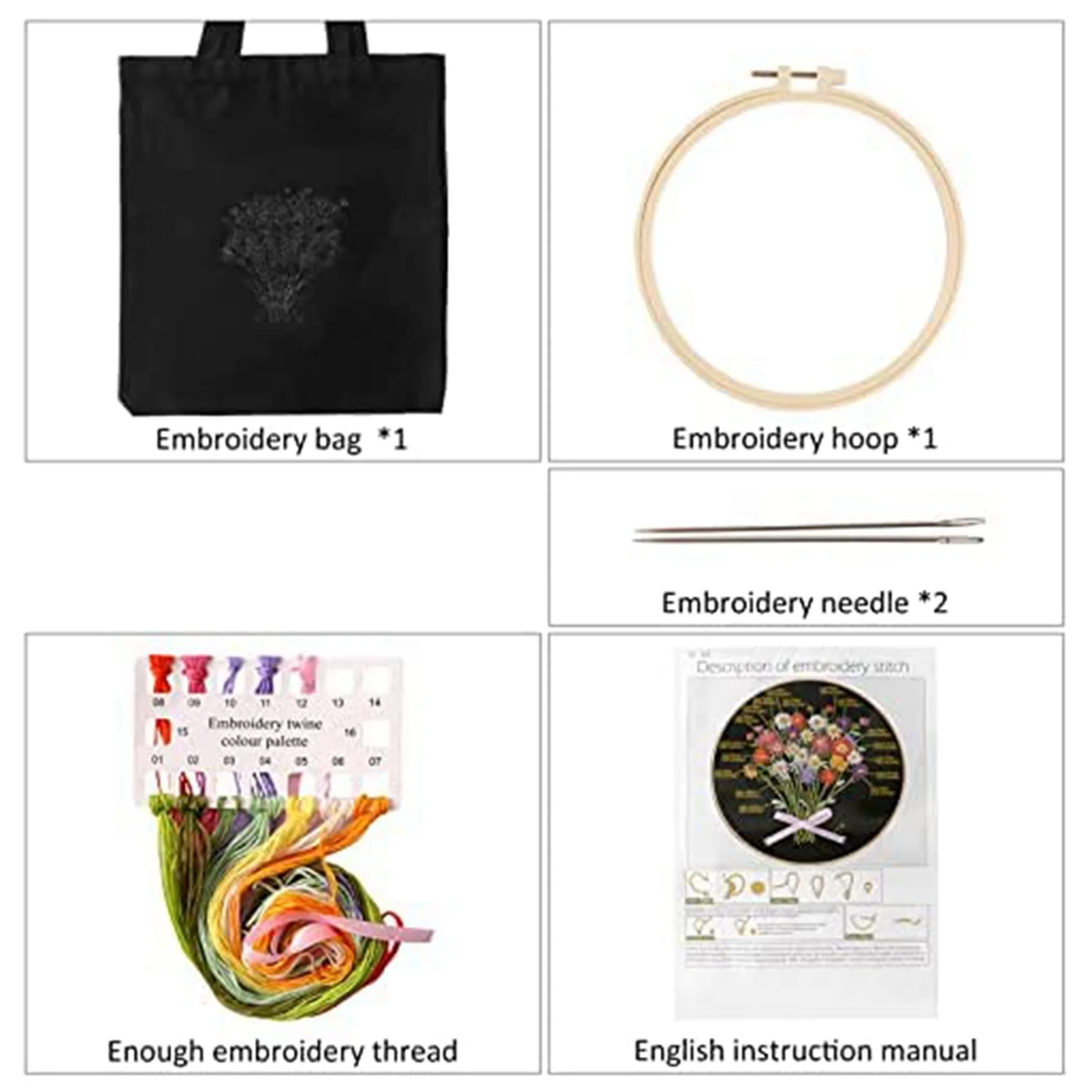 BAAG-Embroidery Starter Kit For Beginners With 2 Canvas Tote Bag 2 Embroidery Hoop Thread And Needle-A