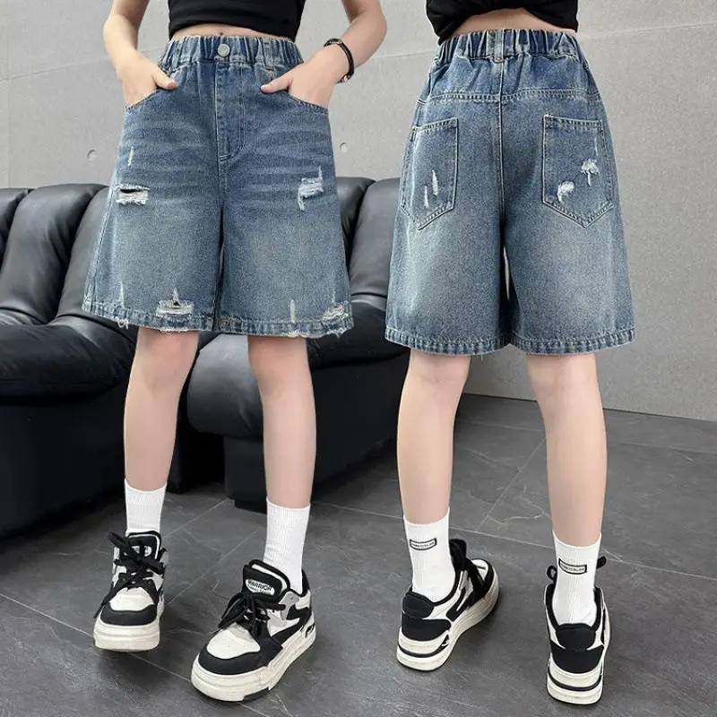 Girls Denim Shorts with Distressed Ripped Design for Kids Casual Broken Five-point Pants Child Summer Streetwear Shorts Capris