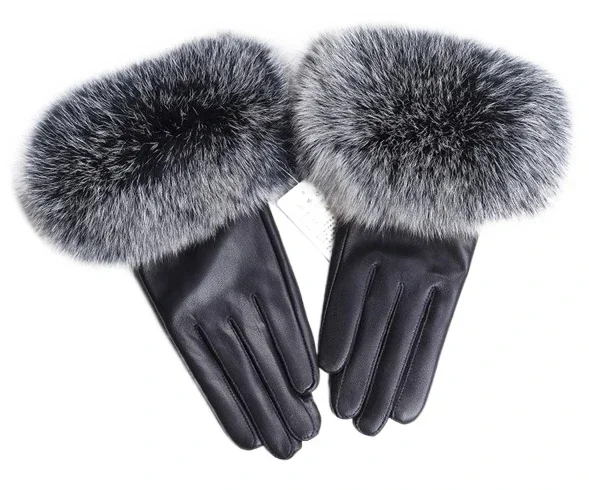 Sheepskin Natural Fox Fur Trimming Gloves Women's Genuine Leather Wrist Warmer Glove Winter Warm Fashion Mittens Fleece Lining