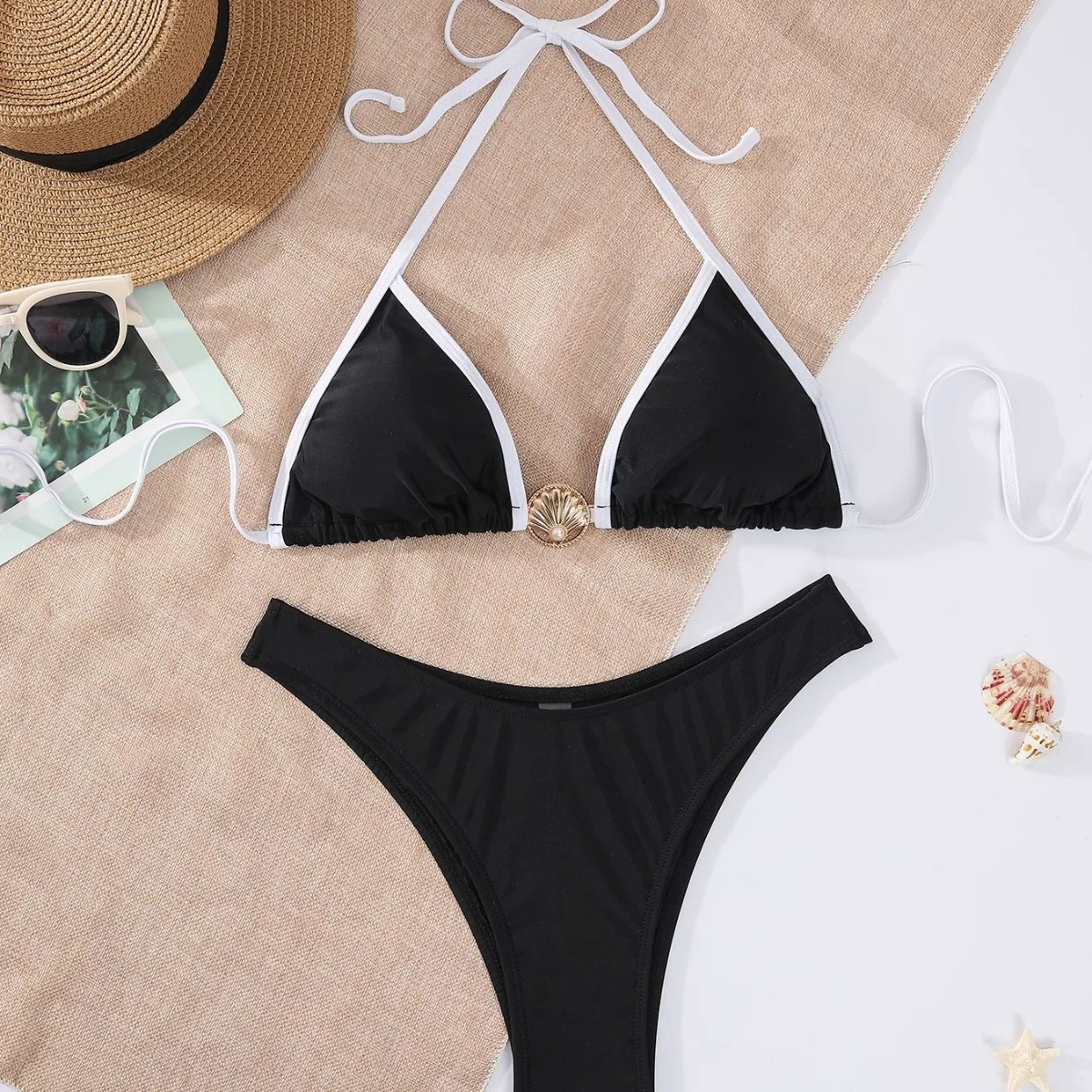 Sexy Metal Shell Ornament Bikini Set 2026 Women Black Patchwork Pleate Push Up Bra Thong Swimwear Beach Bathing Suit Swimsuit ﻿