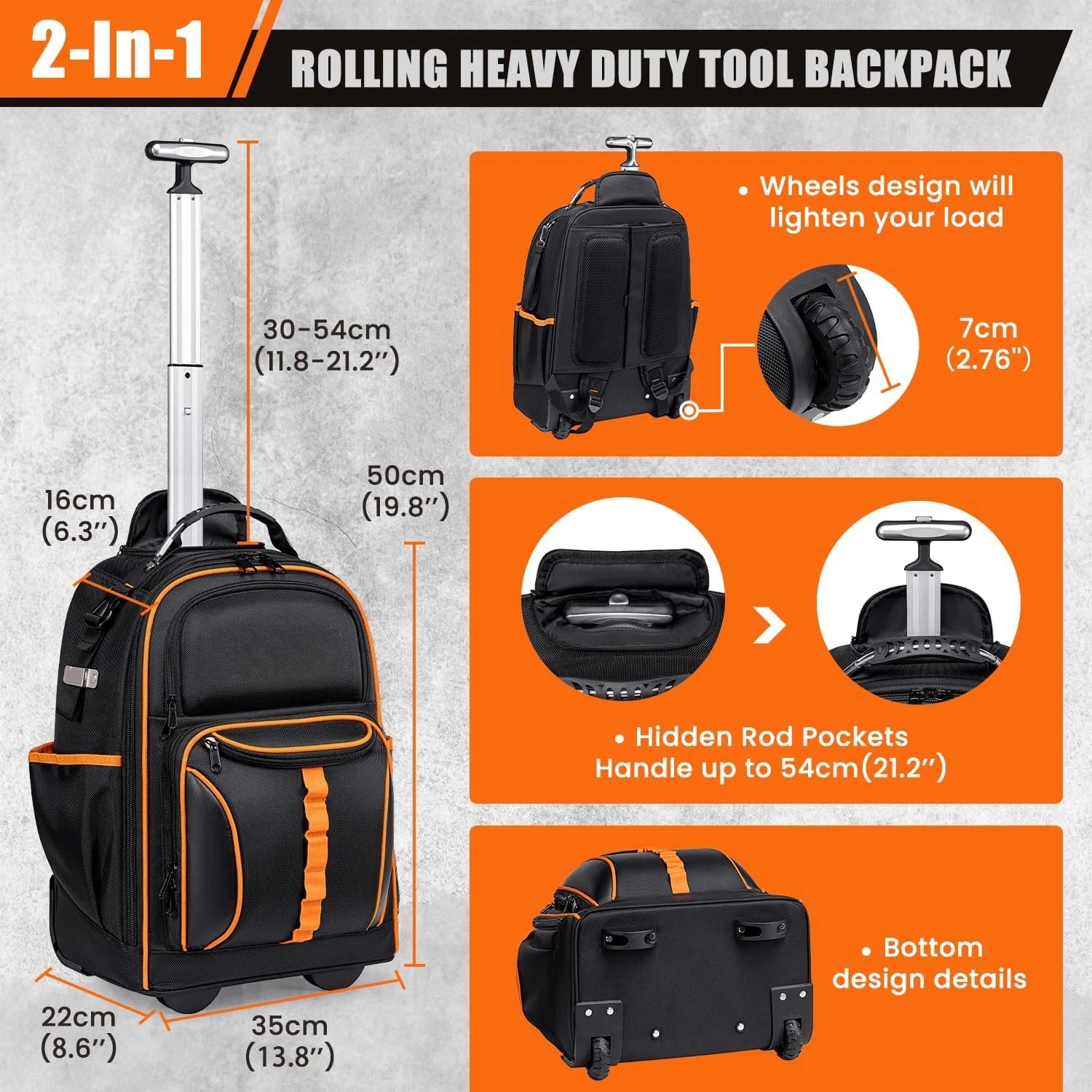 

2-In-1 Rolling Tool Backpack Heavy Duty, Rolling Tool Bag with Wheels, 63-Pocket Bags, Waterproof Rolling Backpack