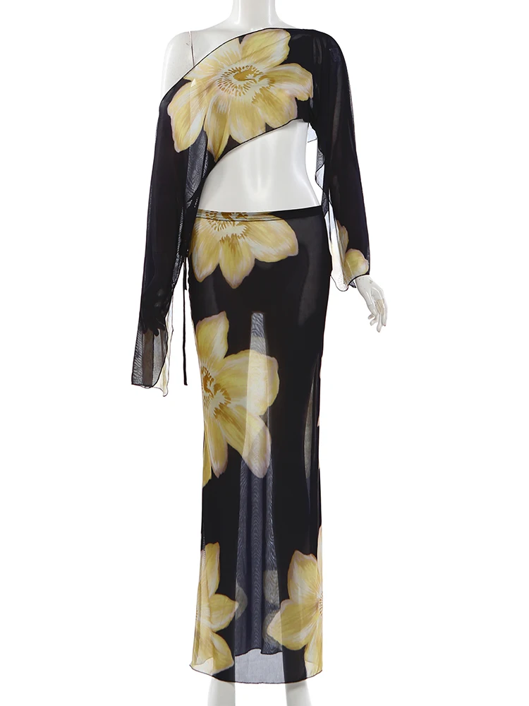 Strano gatto stampa floreale set da 2 pezzi vedere attraverso donna colletto obliquo manica intera crop top + gonne abbinate abiti eleganti per le vacanze