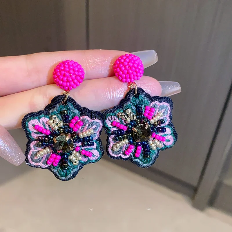 Hand-Embroidered Woven Flower Earrings for Women, Ethnic Style, National Style, Retro Stud, High Sense, 2024, New