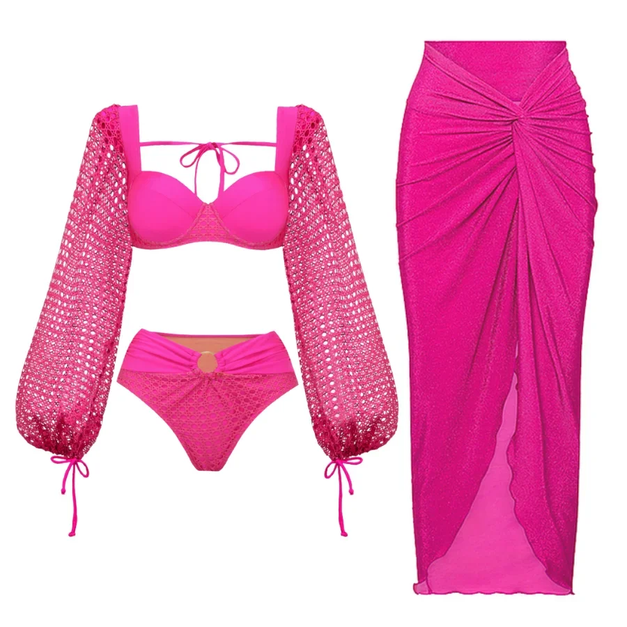 2024 Women Mesh Hollow Long-sleeved Net Yarn Splicing Swimsuit and Sarong Swimwear Summer  Bathing Suit 2 pc Bikini Set