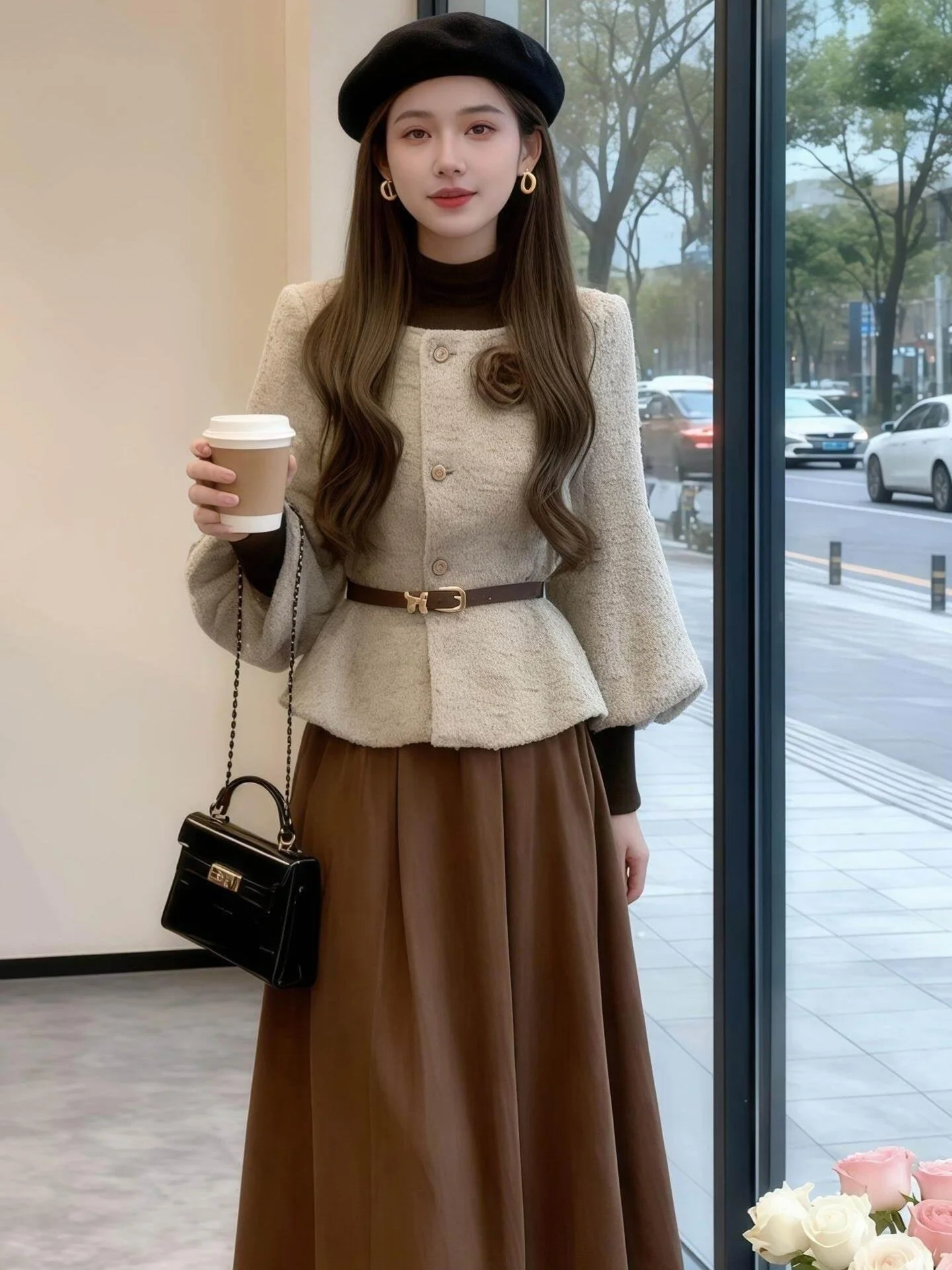 korean-sle-knitted-woolen-coat-high-collar-waist-cinching-skirt-set-autumn-winter-new-arrival-women's-faion-outerwear