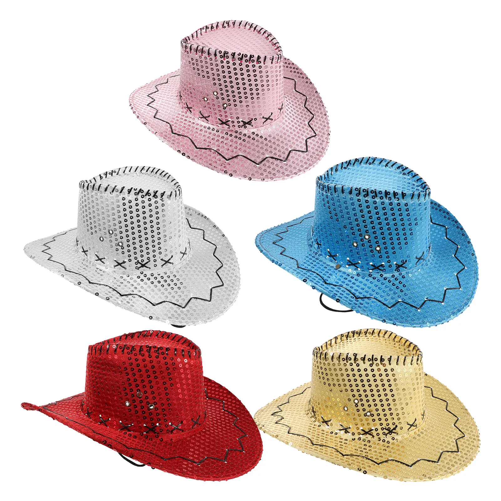 5Pcs Sparkly Sequin Cowboy Hat Set Wide Brim Glitter Cowgirl Party Hats for Western Themed Weddings Bachelorette Outdoor