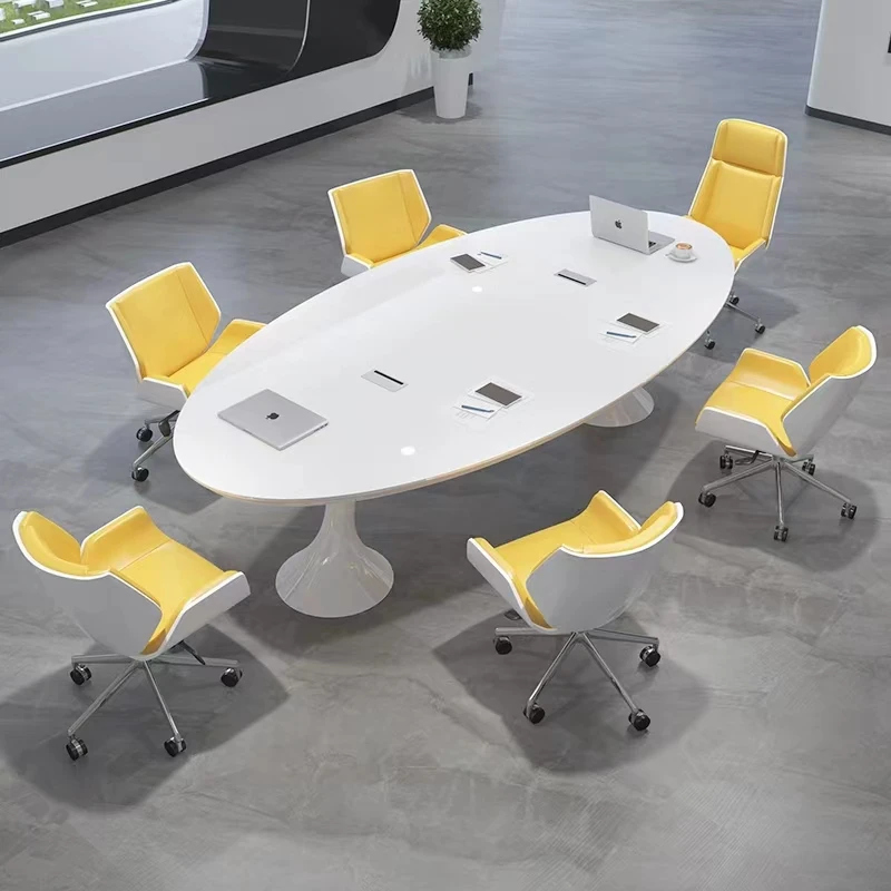 

White painted oval conference table Simple modern large and small office desk and chair combination office negotiation long