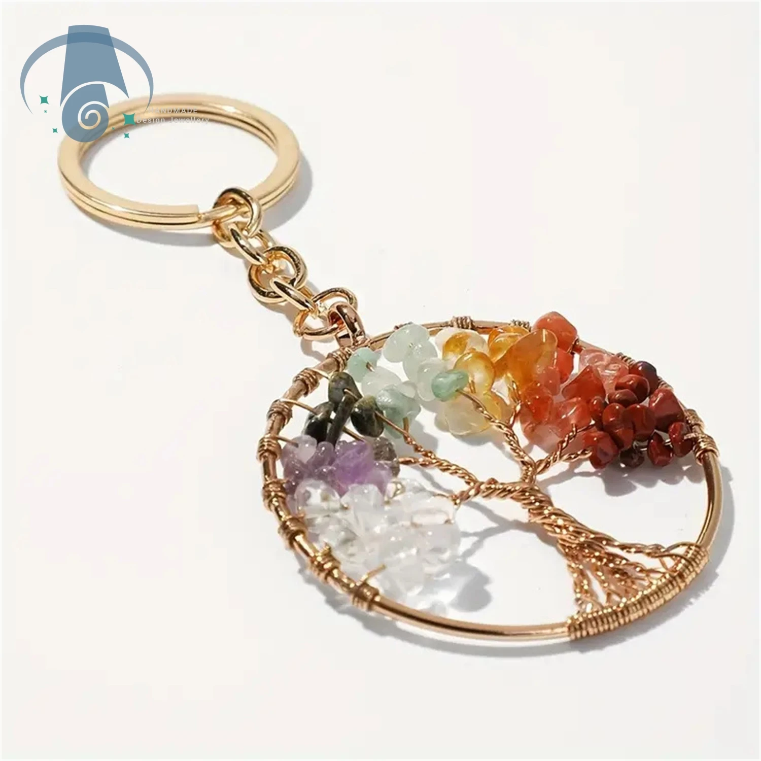 7 Chakra Gemstone Life Tree Pendant Keychain Healing Crystals Tumbled Stone Beads Keyring for Couple Best Friend Family