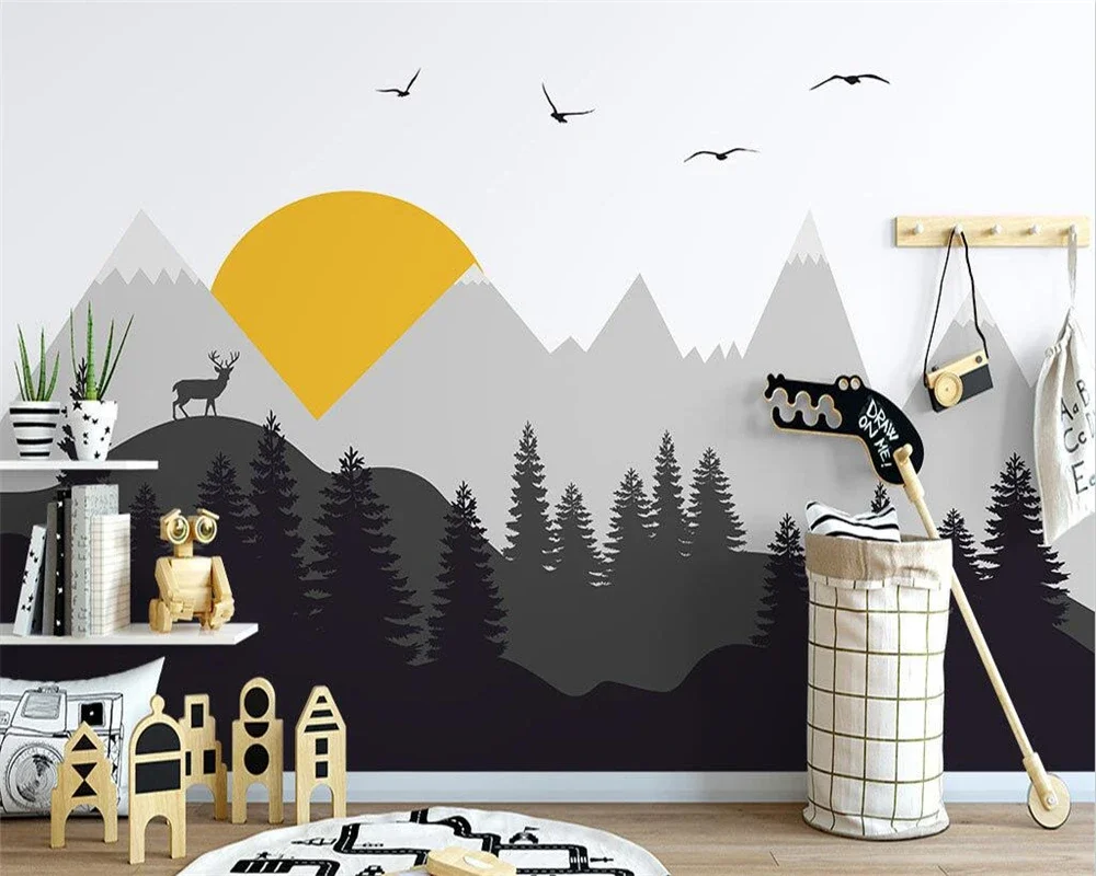 Custom wallpapers 3d Nordic hand-painted mural modern minimalist geometric mountain peaks pine forest elk children's room обои