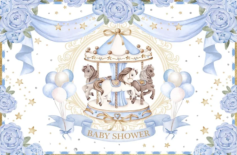 Carousel Baby Shower Backdrop Watercolor Carousel Pony Photography Background Boys Girls Carnival Party Banner Cream Blue Props