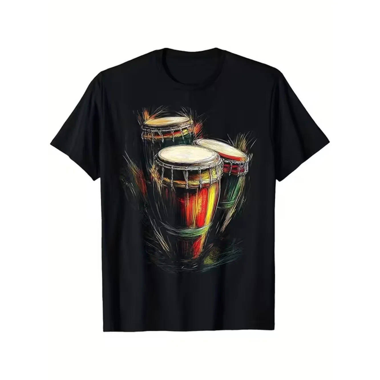 Mens Afro Cuban Music T Shirt Heavyweight 180G Drummers Design Redyellowgreen Print Loose Fit Crewneck Sizes S X Short Sleeve Wear