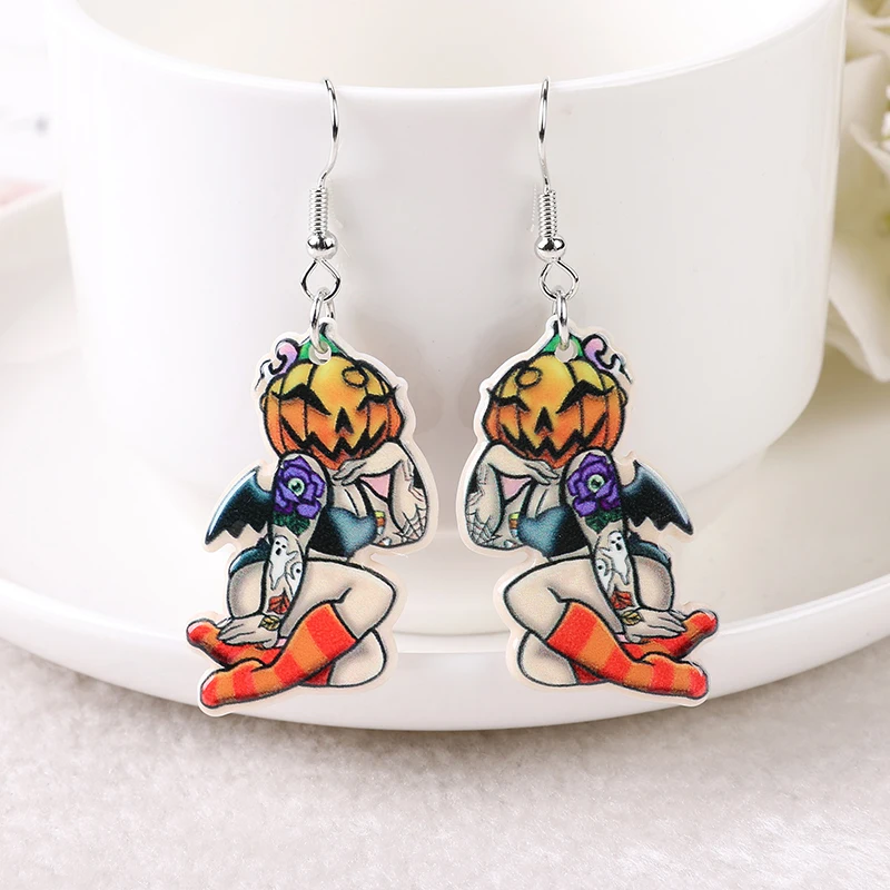 1Pair Halloween Dangle Earrings Creative Acrylic Pinup Ghost Pumpkin for Women Birthday Gift