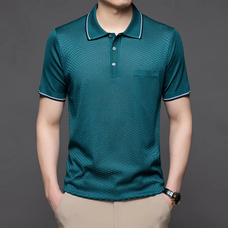 Polyester Silky Stretchy Men's Polo Shirt Short Sleeve Breathable Summer Quality Skin-Friendly Knitwear Pocket Camisas Masculina