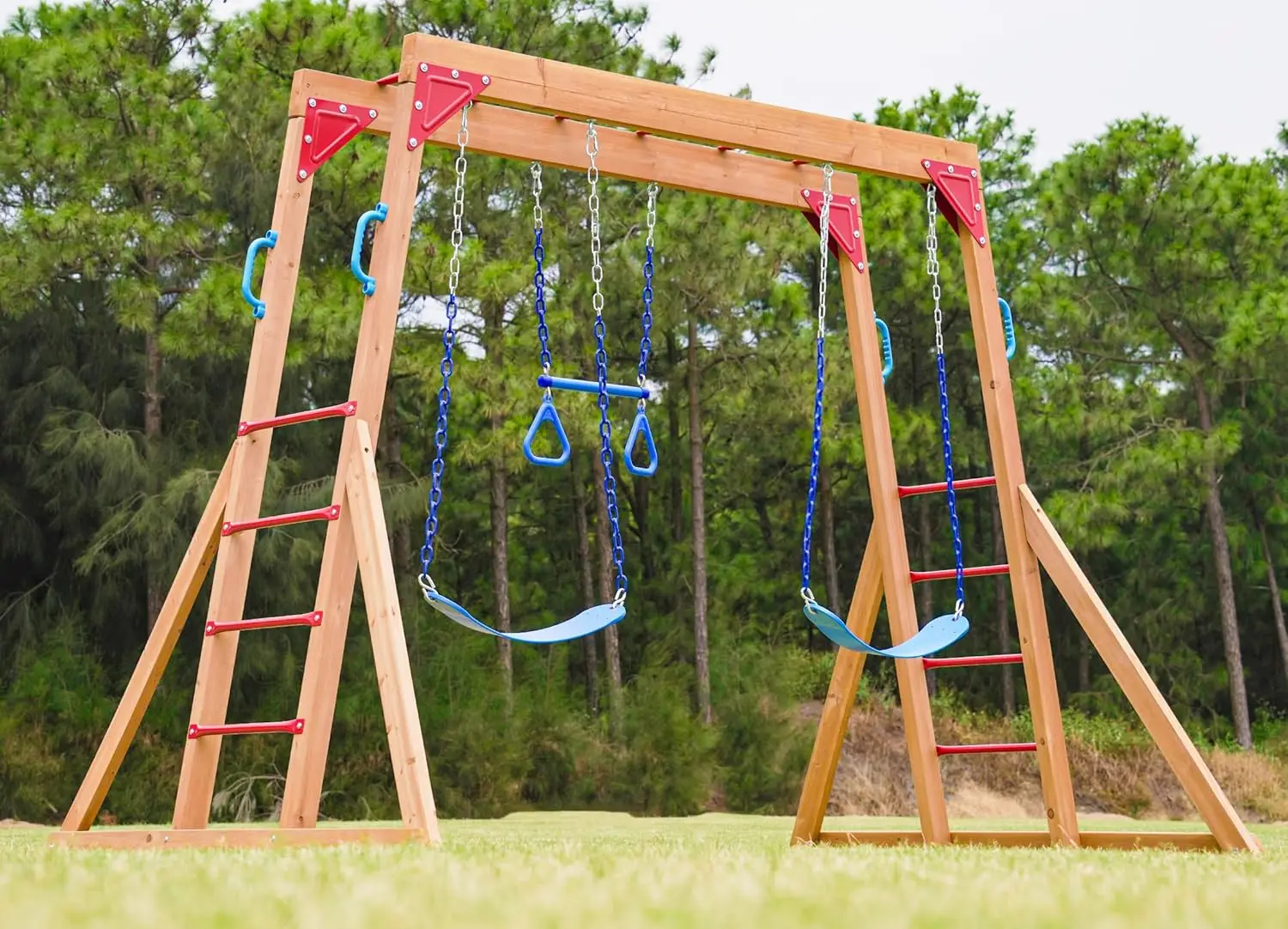 Dolphin Playground Wood Swing Sets for Backyard with Monkey Bar, Kids Outdoor Play Equipment, Outdoor Playset for Kids with Trap