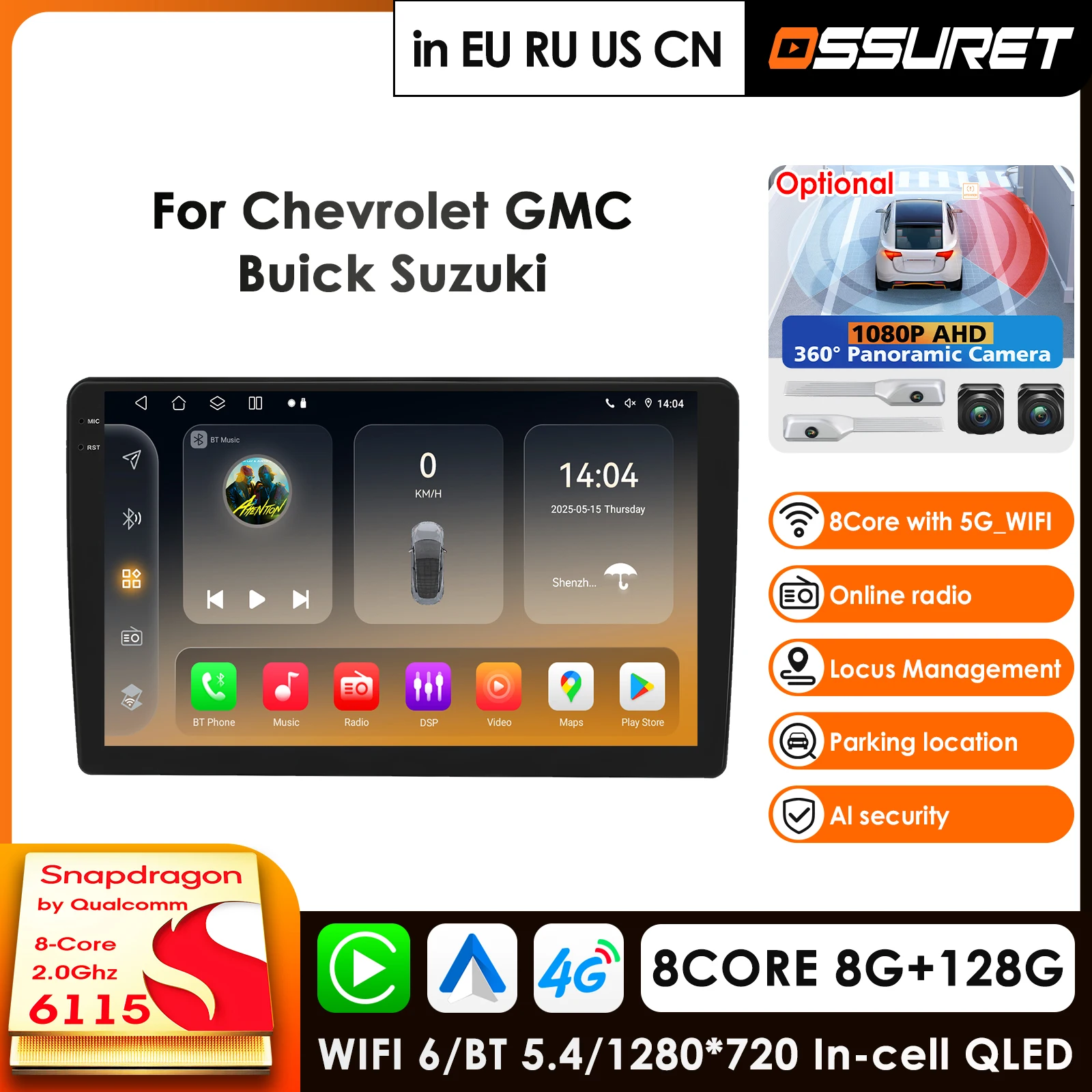 Snapdragon 8Core 360 Panoramic Screen Android AutoRadio CarPlay for GMC Yukon Sierra Buick Enclave Chevrolet Silverado GPS