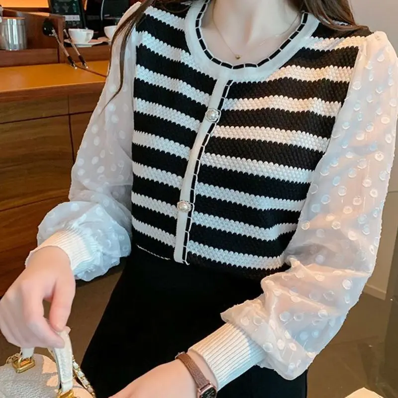 Sweet Striped Patchwork Knitting Pullovers Spring Autumn New Long Sleeve Solid Short Sweaters Tops Fashion Vintag Womne Clothing