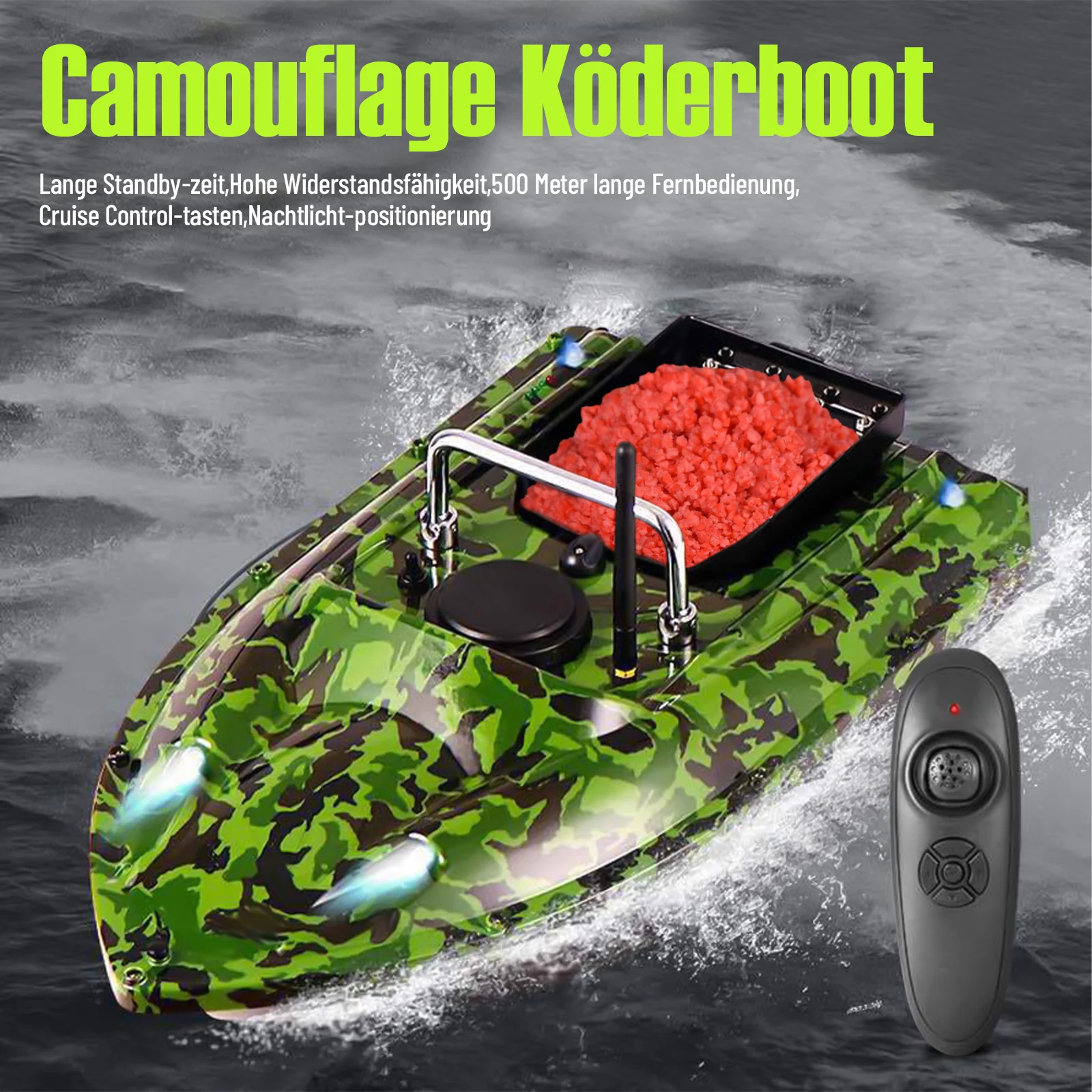 500M RC Wireless Fishing Bait Boat Camouflage LED Hook Post Boat Dual Motors for Outdoor