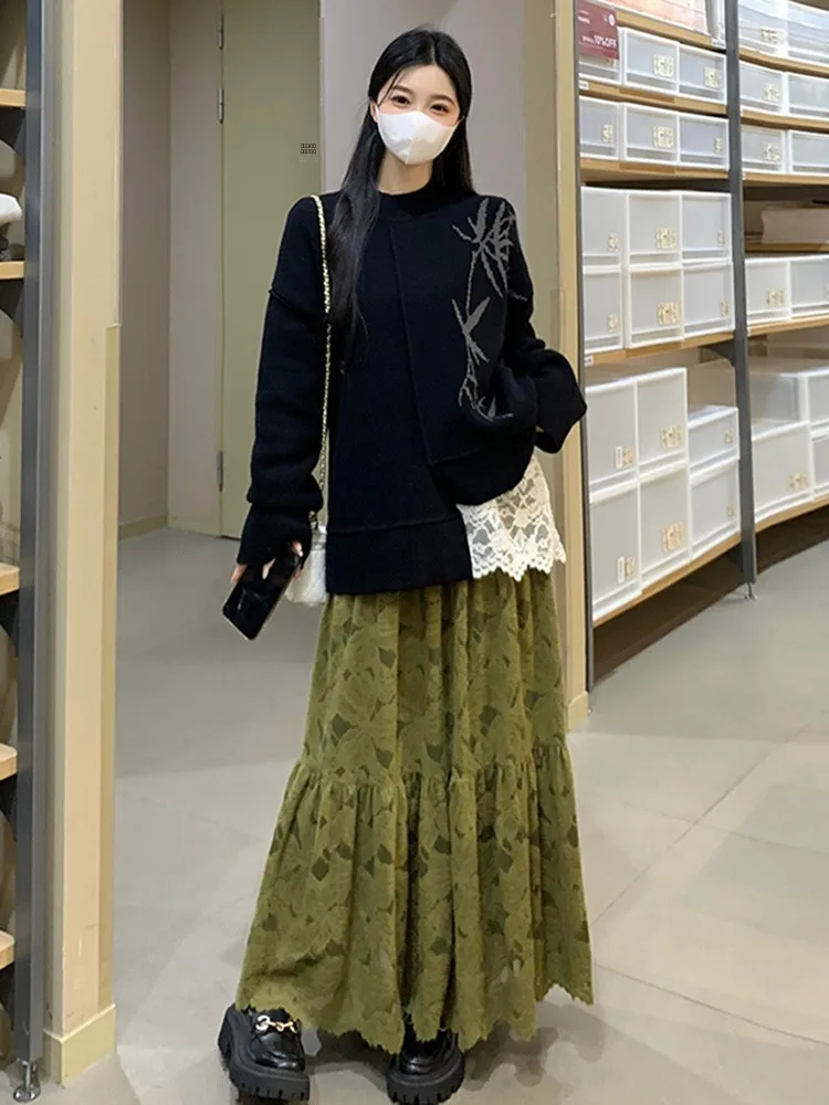 

Loose Korean Style Lace Sweater High Waist Skirt Set Women plus Size Three Piece Suite Sweet Style Casual Synthetic Fiber Win...