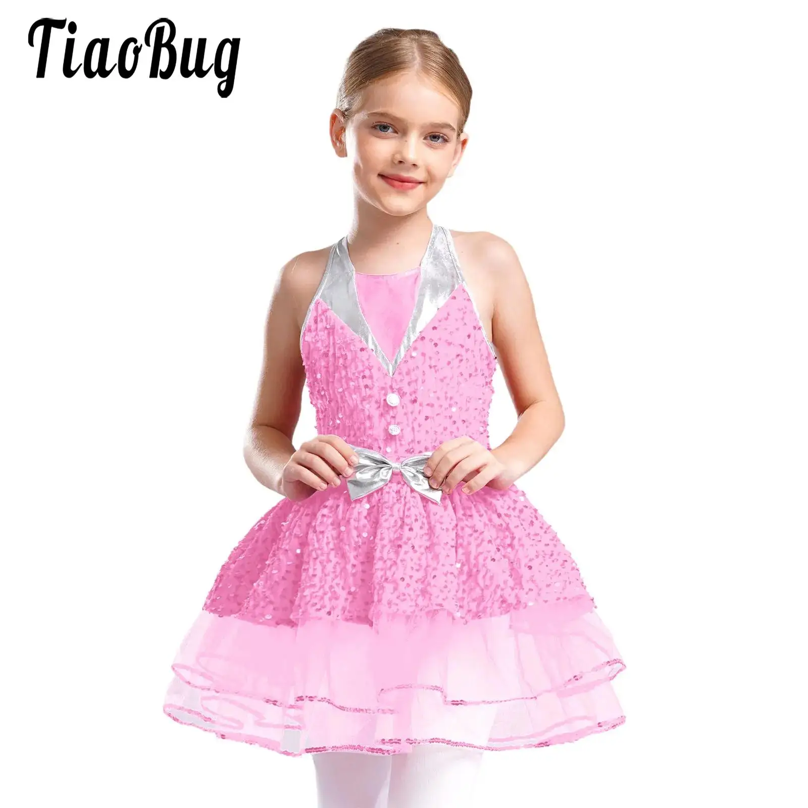 

Kids Girls Leotard Tulle Princess Dress Halter Backless Leotards Tutu Dress for Figure Ice Skating Lyrical Dancewear Dresses