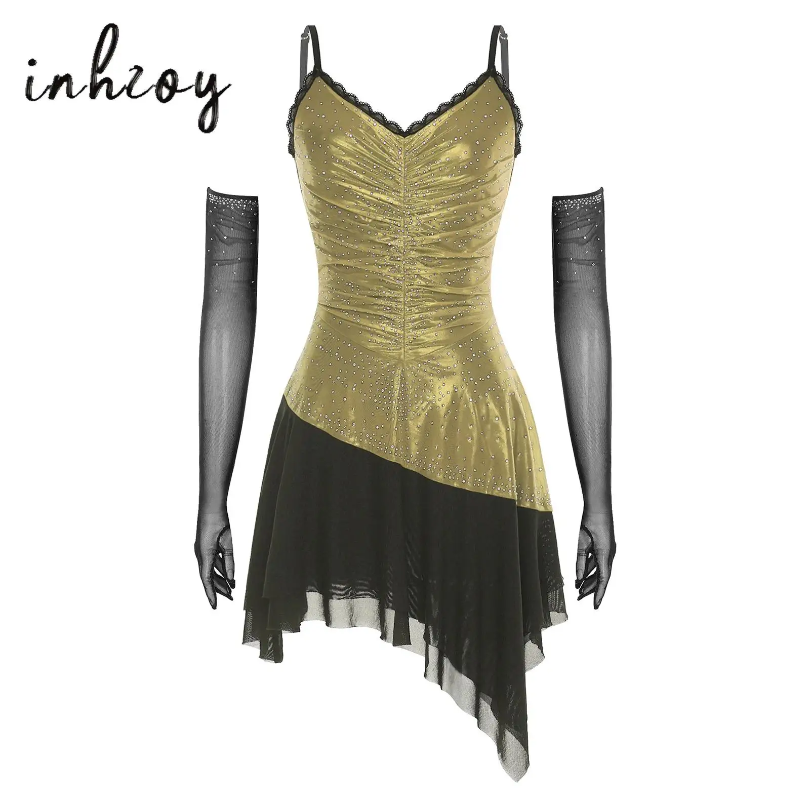 

Womens Latin Dance Dress Ruched Metallic Shiny Mesh Rhinestones Tiered Hem Sling Dress and Long Gloves Figure Skating Dancewear