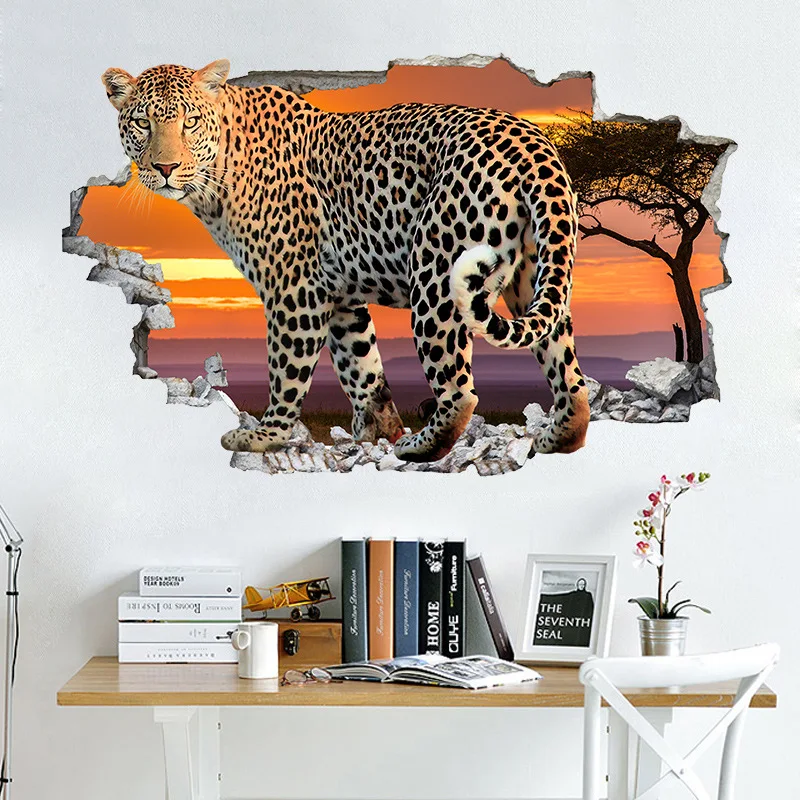

Animal Leopard Poster Cheetah Wall Hole Art Sunset Grassland Big Tree Jaguar Mural Stickers for Aesthetic Rooms Home Decoration