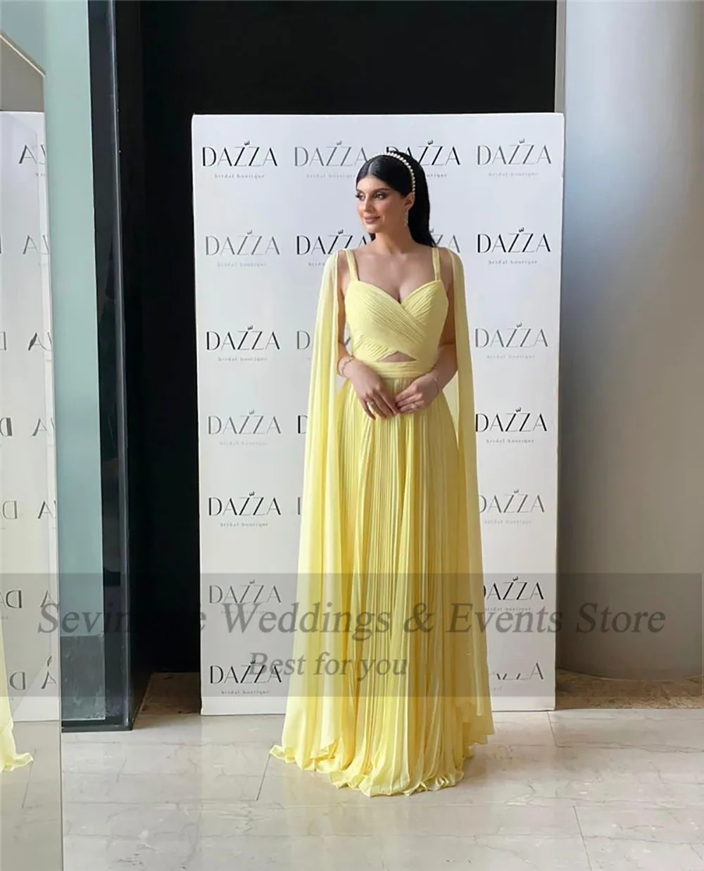 Sevintage A Line Chiffon Formal Evening Dresses Saudi  Arabic Long Cape Sleeves Spaghetti Strap Women Prom Gowns Party Dress