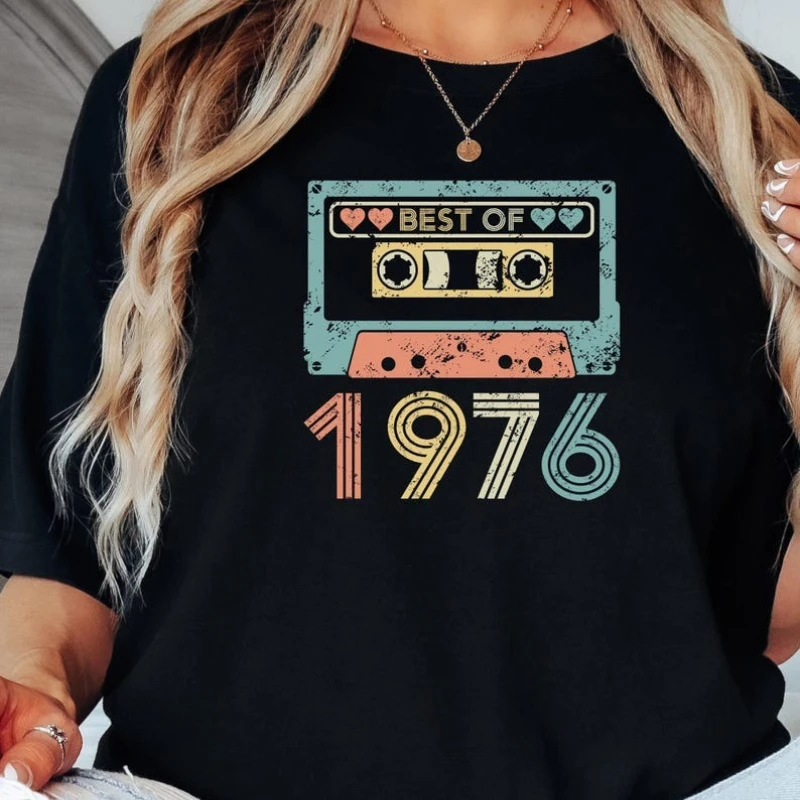 1976 Cassette Tape 50th Birthday Tshirt Retro Unisex Tee Crewneck Regular Short Sleeve Casual Fashion Printed T-shirt Tops