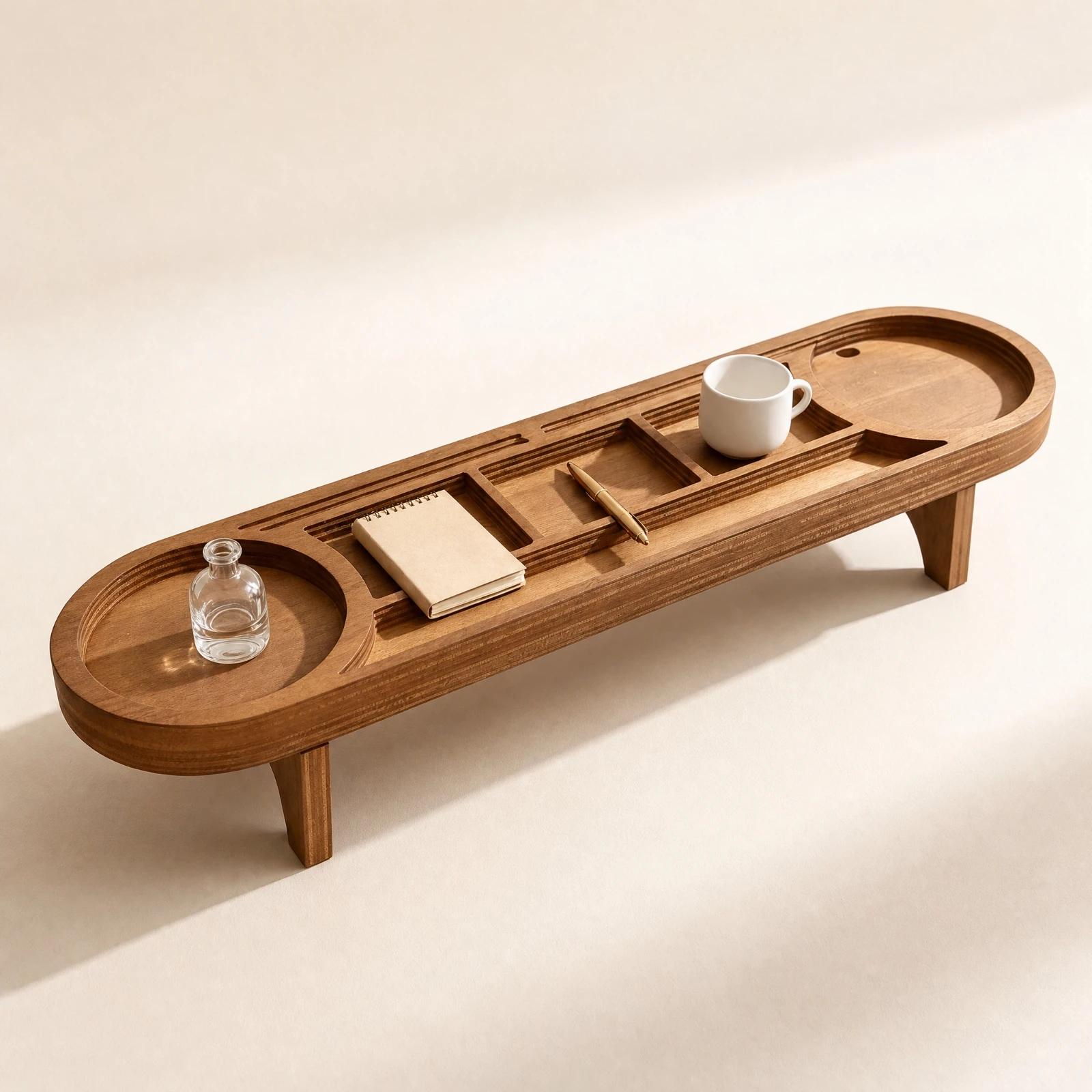 Wooden Desktop Organizer Tray Raised-Wooden Edge Tray with Device Slots Desk Organizer with Compartments Multi-Compartment
