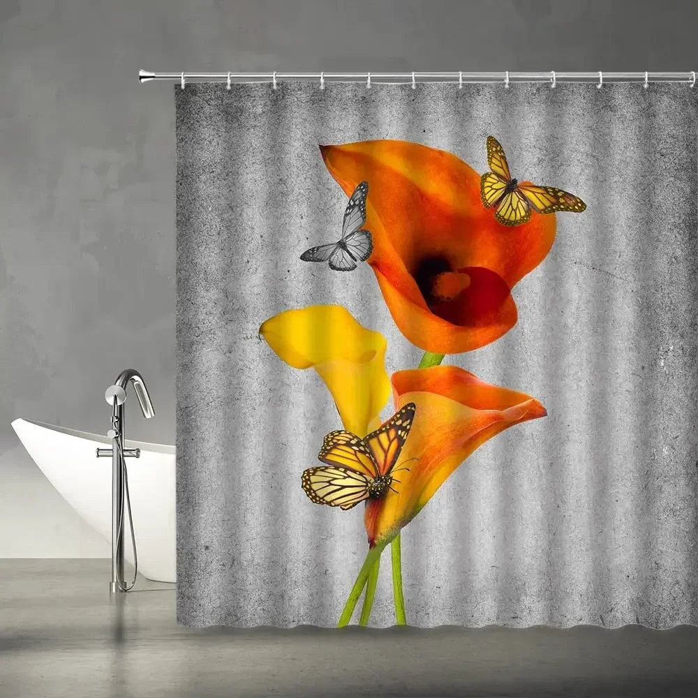 Flower Butterfly Shower Curtains Purple Yellow Floral Lake Spa Spring Fantasy Nature Scenery Cloth Bathroom Decor Set with Hooks