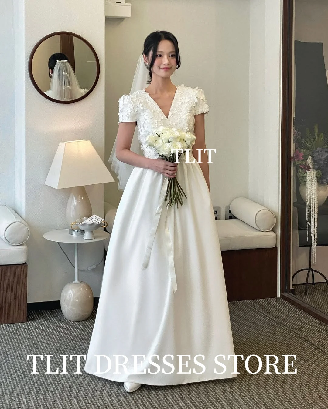 TLIT Elegant Ivory Silk Satin Wedding Dress V-Neck Flowers Short Sleeves Prom Gown Korea Bridal Dress Photos Shoot Customized