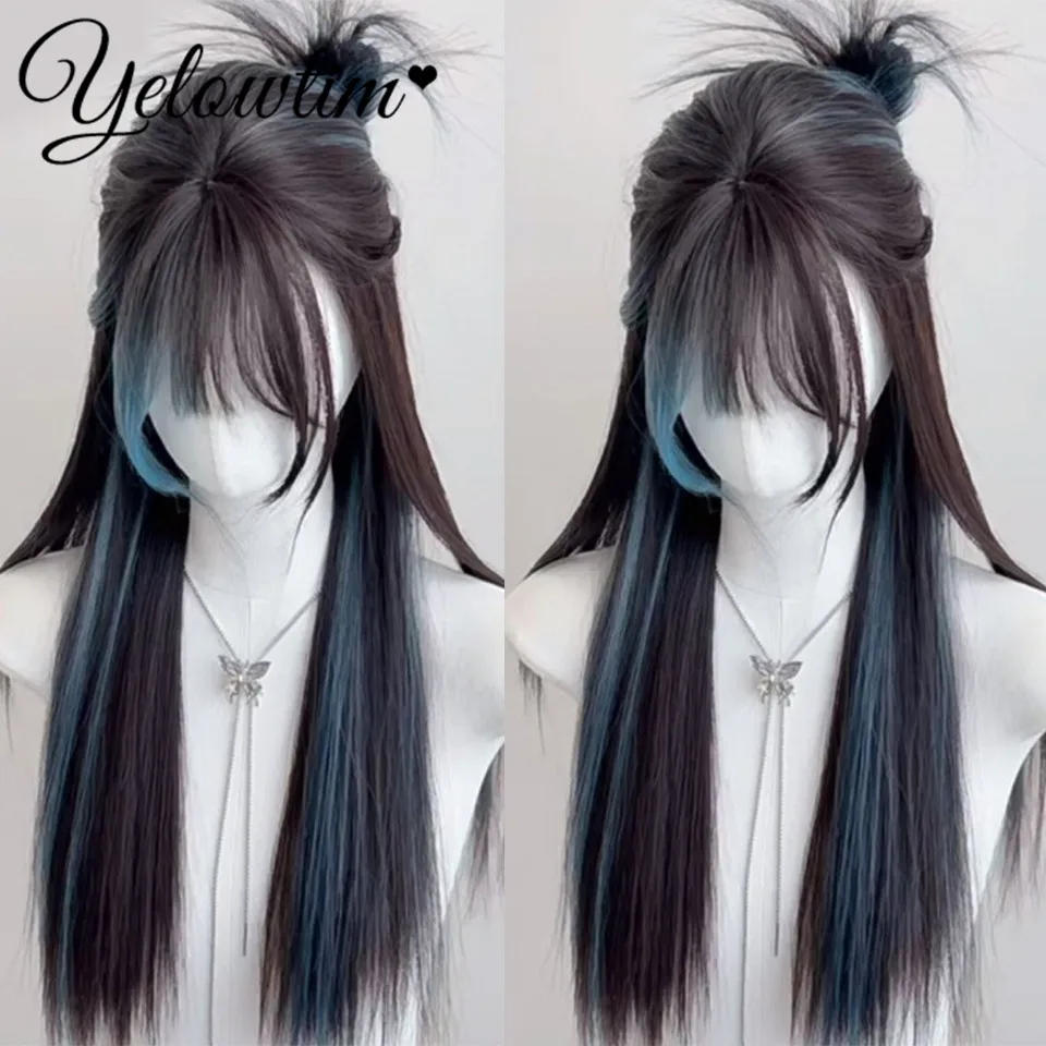 

YELOWTIM Synthetic wig new women's long hair Baby blue bangs dyed long straight hair adjustable natural quality full head cover