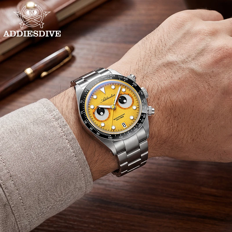 ADDIESDIVE Men's Watch VK64 Quartz Chronograph 316L Stainless Steel BGW9 Luminous Calendar 100m Waterproof Luxury Watch