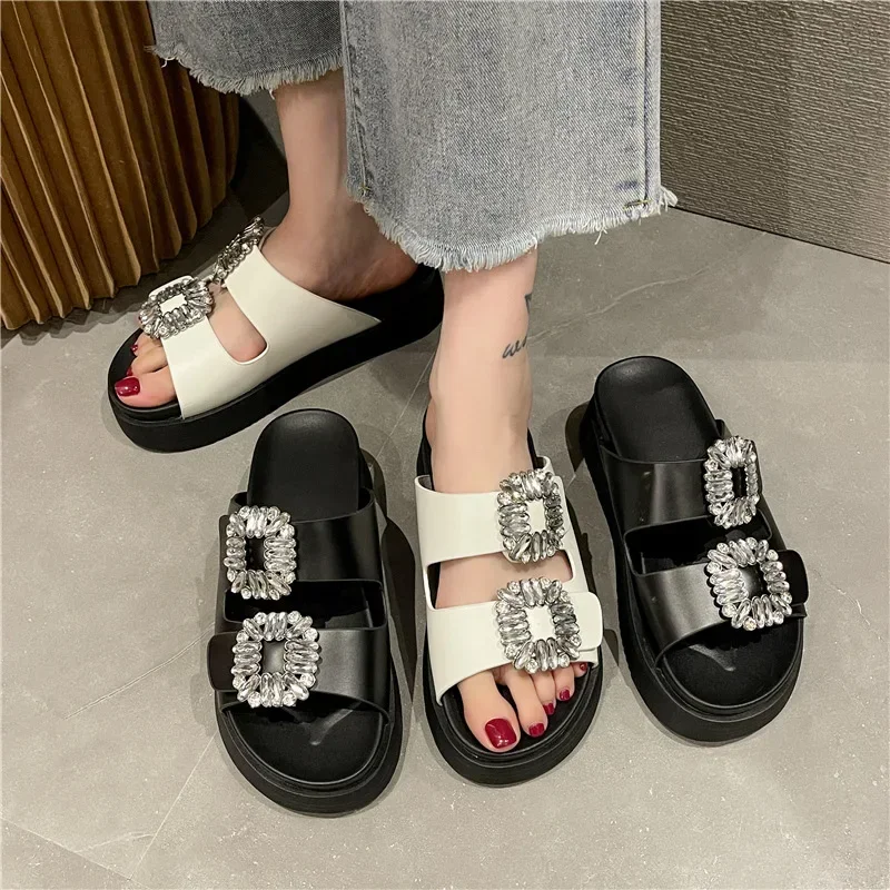 Brand Rhinestone Shoes Ladies High Heels Platform Sandals Double Buckle Band Slippers Woman Muffins Crystal FlipFlops Mujer