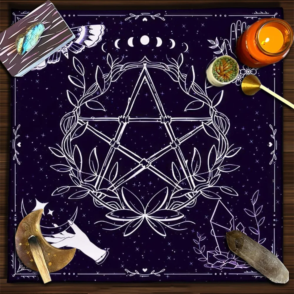 Tecido de Tarô Fase Lunar com Pentagrama e Borboleta Lunar, Tapete de Adivinhação para Leitura de Tarô e Decoração de Parede