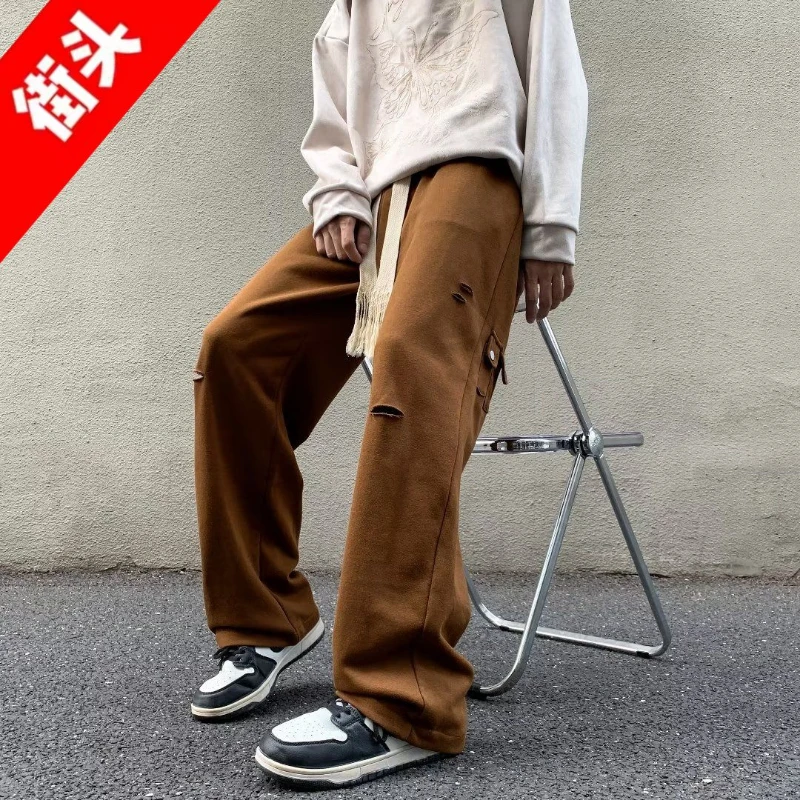 Burgundy Pants Oversize Design American Hiphop Sweatpants Men Vintage Ripped Trousers