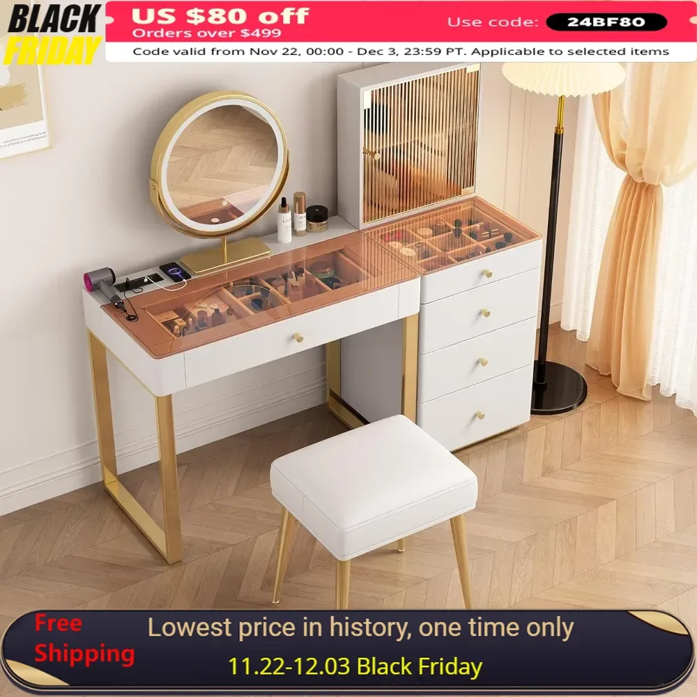 Vanity Table Set with Multi-Plug Outlet & HD Smart Mirror, Multi-Depth Side Drawers, Dressers