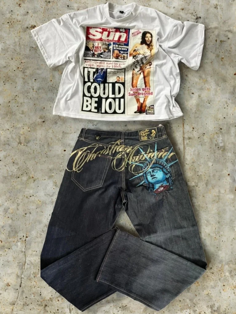 

American Retro Hip Hop Shirts Statue of Liberty Diamonds Jeans Y2k Denim Pants Gothic Streetwear Wide Leg Jeans Clothes for Men