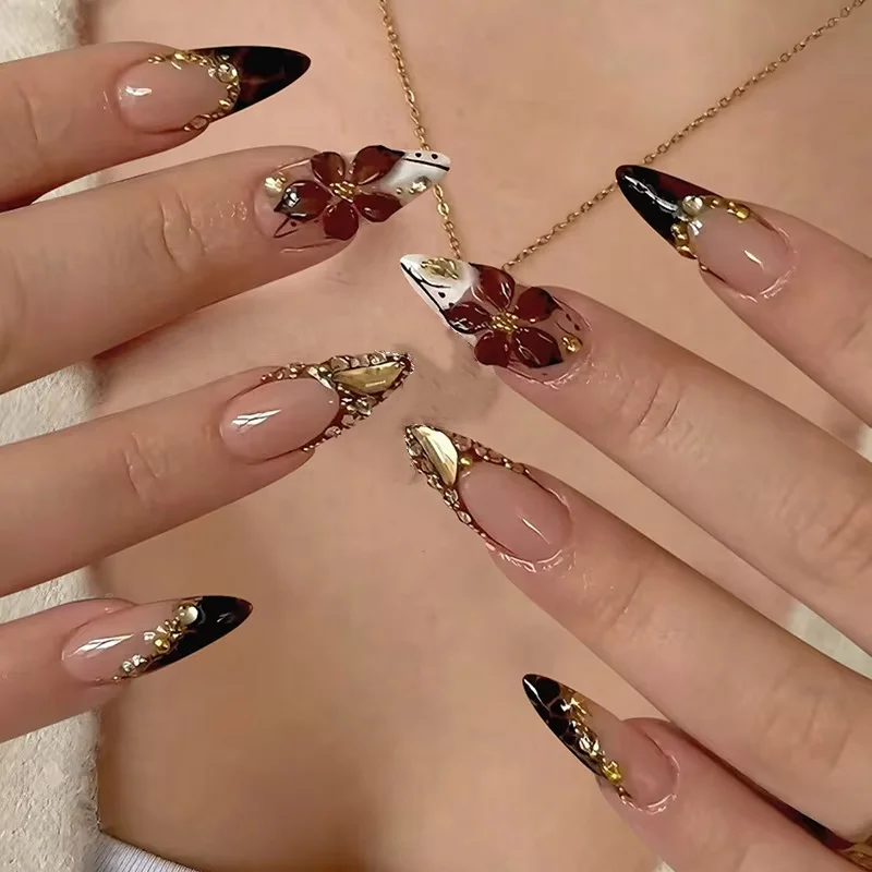 

24Pcs Mid-length Almond Press on False Nails with Brown French 3D Flower Fake Nails Rhinestone Detachable Full Cover Nails Tips