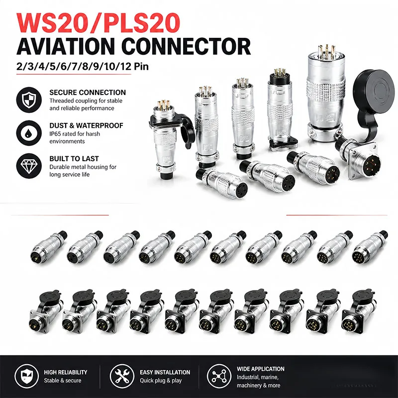 

WS20/PLS20 IP67 Waterproof 20mm Circular Aviation Connector 2/3/4/5/6/7/8/9/10/12Pin Male Female Socket Panel Mount Connector