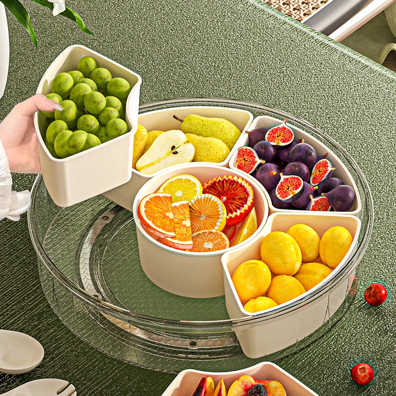 With Handle Six Division Rotating Fruit Tray Sealed Moisture-proof Dry Fruit Tray Portable Modern Home Round Snack Box With Lid