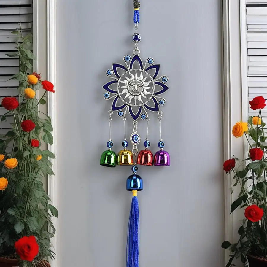 Happy Sun Blue-Eyed Colorful Bell Wind Chime Room Wall Entrance Window Sill Hanging Decoration Outdoor Porch Terrace Garden Decoration Birthday Housewarming Gift