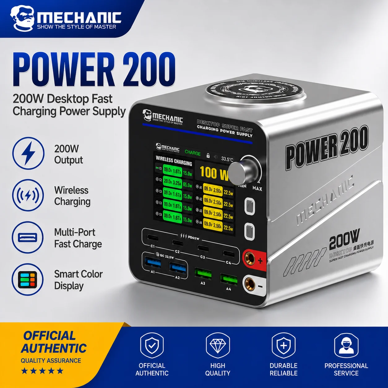 MECHANIC Power 200 200W 8-Port GaN Schnellladestation PD65W USB-C USB-A Desktop-Ladegerät mit Echtzeit-Display für Telefon und Laptop
