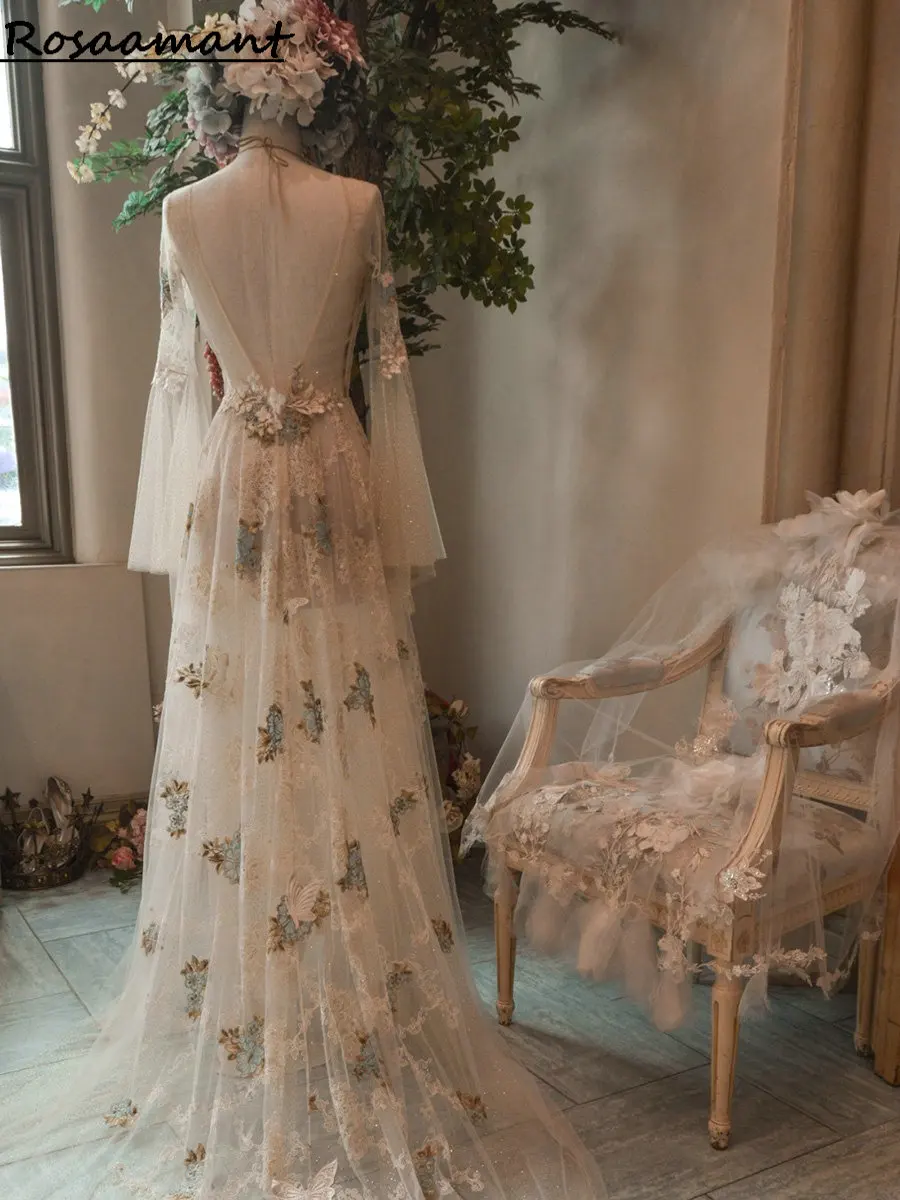 Abiti da sposa senza schienale a maniche lunghe con immagine reale a-line Illusion con scollo a v Appliques pizzo cristallo Boho Country abiti da sposa