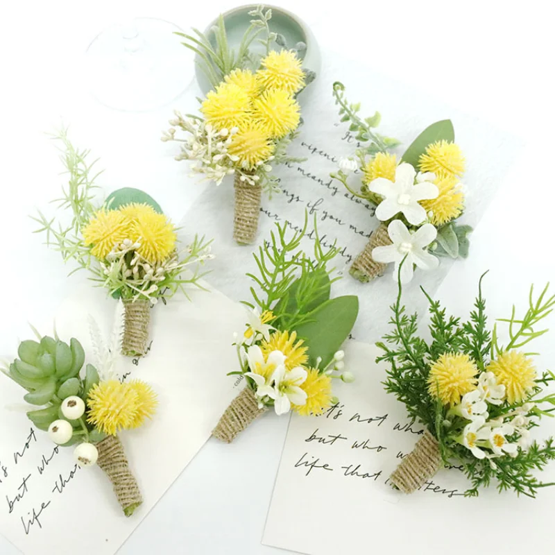 Yellow Artifical Flowers Boutonnieres Bridesmaid Men Witness Marriage Wedding Accessories