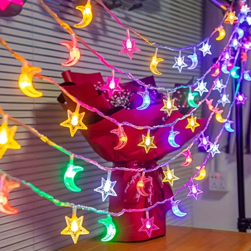1pc Ramadan Star And Moon Battery Powered String Light 10/20/30/40 LED Hanging Lamp For Home Garden Bedroom Ramadan Patry Decor