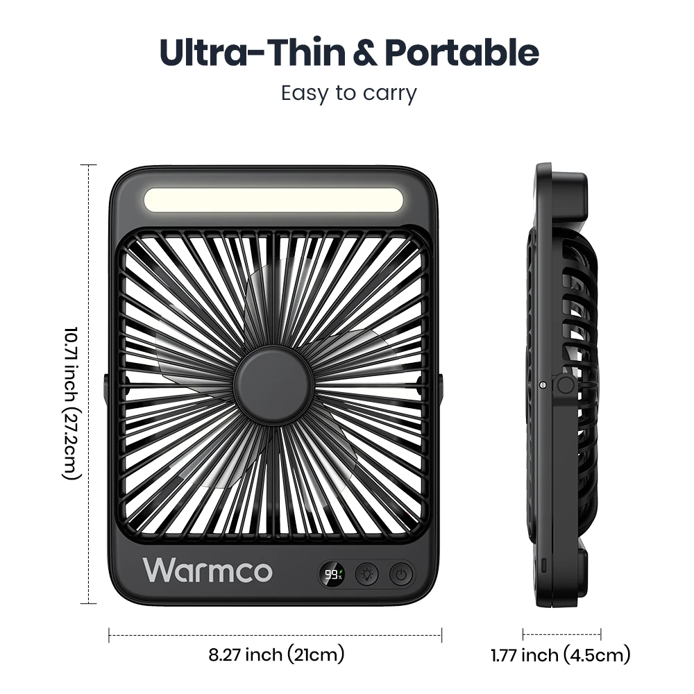 Warmco D4 Portable Desk Fan 20000mAh Rechargeable Camping Fan & LED Light 48Hrs Runtime 8" Silent Personal Fan Digital Display image 6