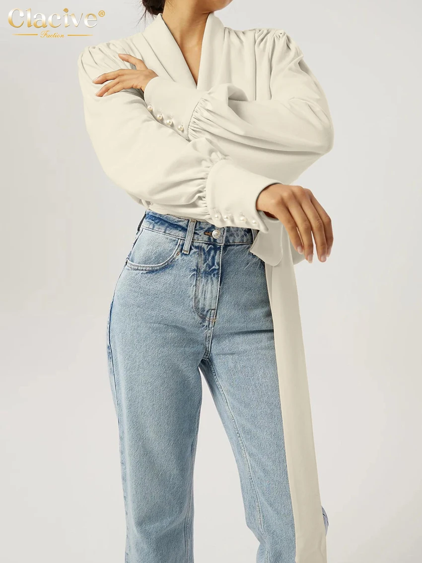 Clacive Fashion Loose Beige Women's Shirt 2026 Spring V-Neck Long Sleeve Shirts Elegant Classic Lace-Up Top Female Clothing