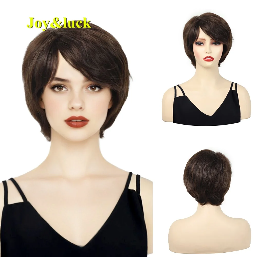 

The synthetic brown short side-swept bangs women's wig has a fashionable design for daily wear or other uses