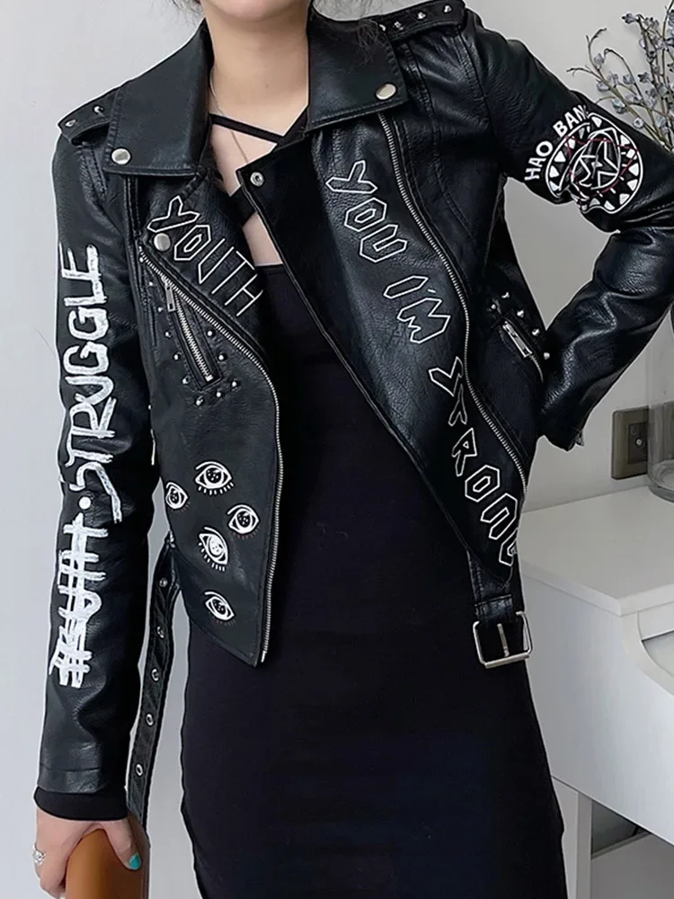 Women Vintage Graffiti Print Slim Pu Faux Leather Jacket Streetwear Female Moto Biker Zipper Belt Short Coat Outwear