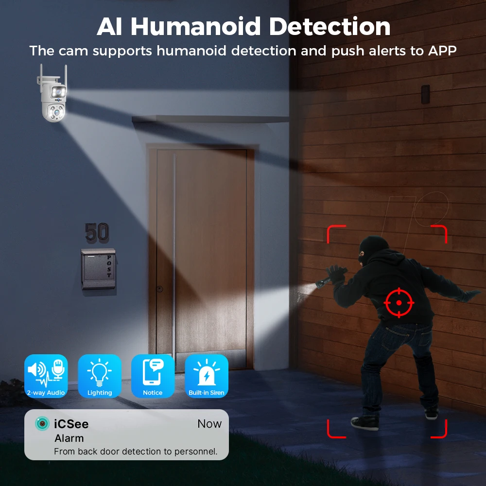 Камера наблюдения Hiseeu 4K 8MP Wifi с двумя объективами 4X Цифровой зум AI Обнаружение человеческого тела ONVIF Беспроводная наружная облачная